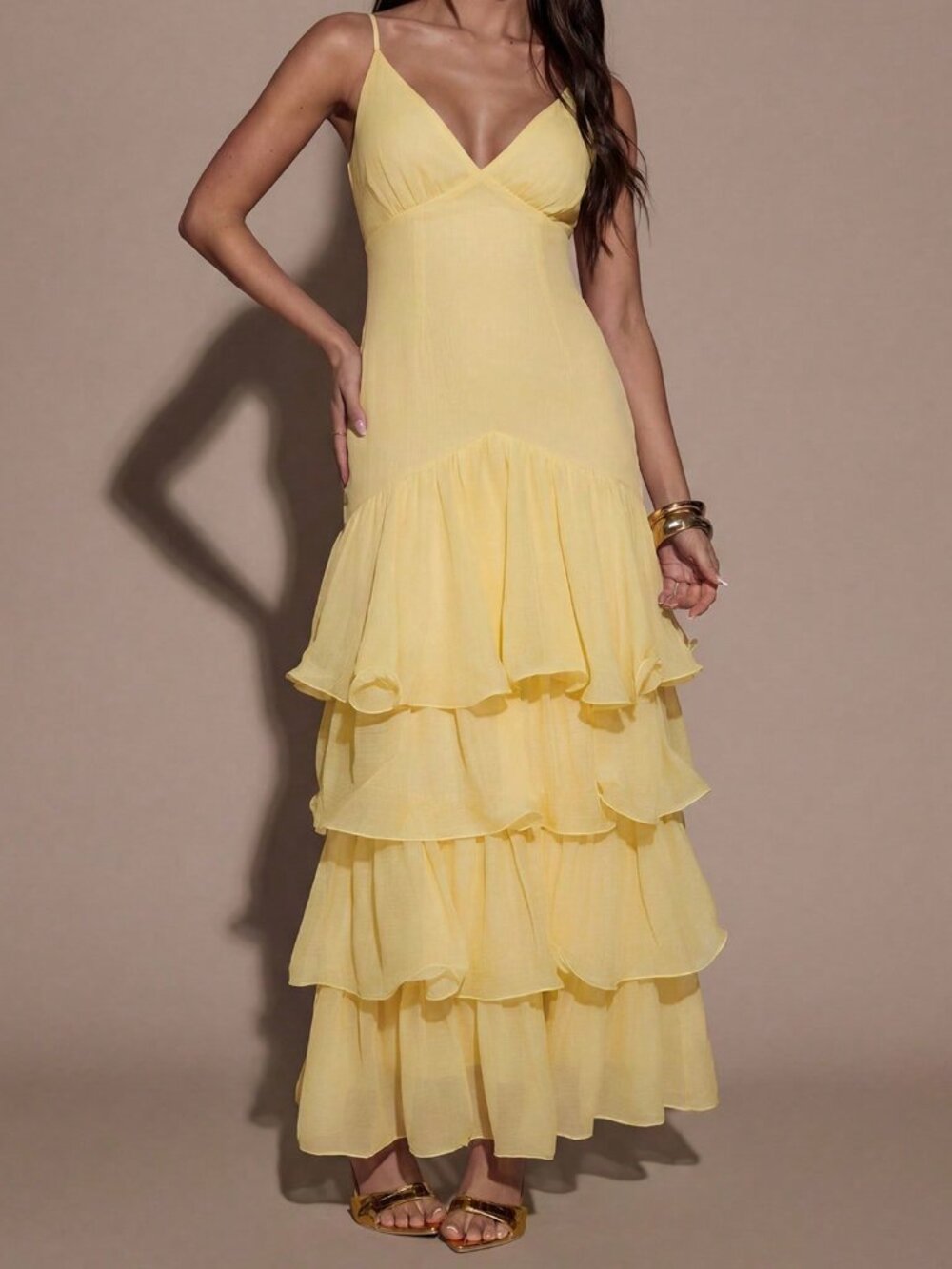 Yellow Sexy Women's Layered Ruffle Hem Spaghetti Strap Dress - Picture 3 of 7